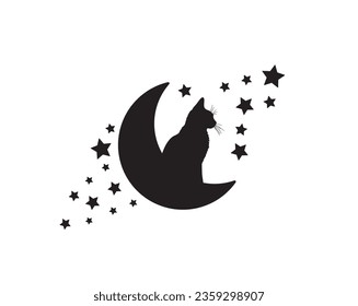 Cat silhouette sitting on the moon, vector. Cartoon character. Wall decals, artwork, minimalist wall art, poster design isolated on white background