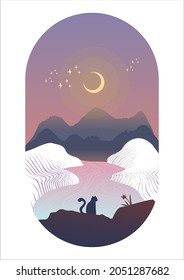 A cat in silhouette sitting on the rocky of a mountain landscape with stream in the night under half moon night with stars and a night sky. Vector illustration. 