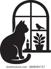 Cat silhouette sitting on window sill with bird and plant black and white potted plant silhouette watching illustration