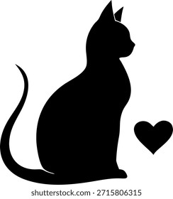 Silueta del gato en una pose sentada, Ilustración vectorial aislada en blanco, emparejado con un emoji del amor para una sensación caliente y acogedora. Adecuado para imágenes, Elementos de diseño y proyectos gráficos Kwai.