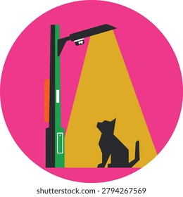 Cat Silhouette Sitting Under Bright Yellow Street Lamp Light Vector