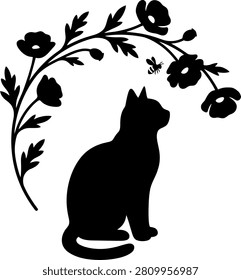 Cat silhouette sitting under a flowery vine with a bee