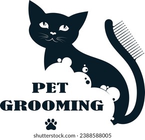 Katzensilhouette mit Seifenblasen und Kamm. Entwurf des Grooming-Symbols