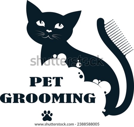 Cat silhouette with soap bubbles and comb. Grooming symbol design
