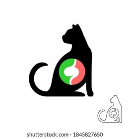 Cat silhouette with stomach symbol. Pet animals food balance concept logo. Domestic cat sitting icon.