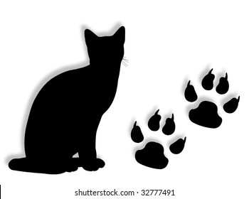 Cat silhouette with tracks silhouette on the background