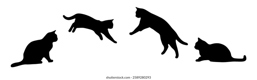 Cat silhouette vector collection, isolated on a white background in various poses. Wild animal or cat silhouette in doodle drawing style.