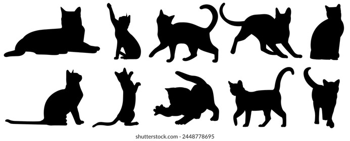 cat silhouette vector illustration collection.  black silhouette on a white background showing various cat poses.  ideal for pet themed designs