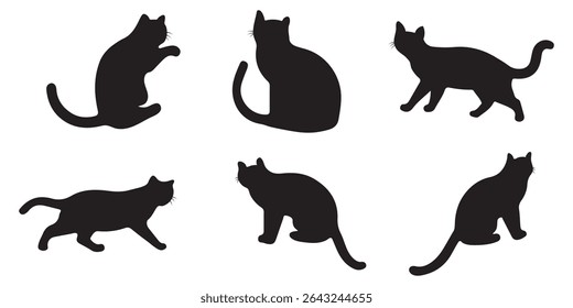 cat silhouette vector illustration collection. black silhouette on a white background showing various cat poses. ideal for pet themed designs