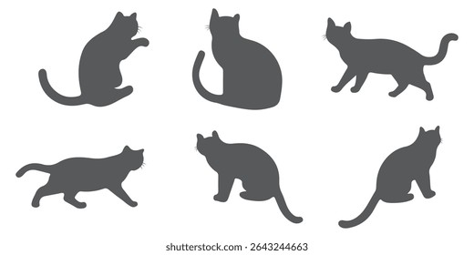 cat silhouette vector illustration collection. black silhouette on a white background showing various cat poses. ideal for pet themed designs