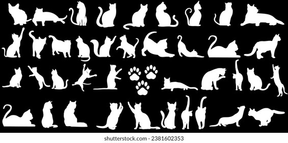 Cat silhouette vector illustration, white on black. Feline figures in various poses: sitting, standing, walking, stretching. Perfect for pet-related designs, cat lovers. Elegant domestic cats