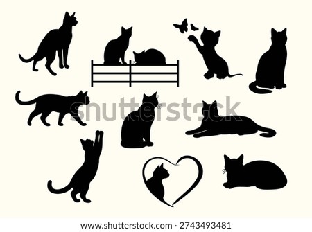 Cat Silhouette Vector Pack, Playing, Sitting, Heart Cat for Vinyl Cutting, Halloween and Logo Design.