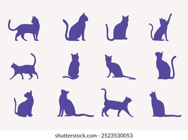 Cat silhouette vector set. blue color and white background