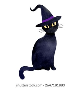 Cat silhouette in witch hat. Watercolor style. Perfect for magical and whimsical designs