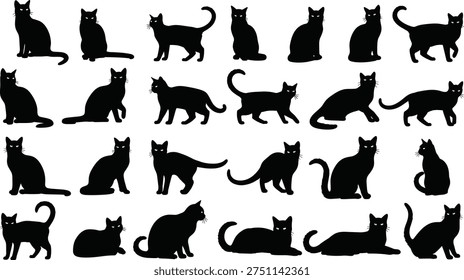 Cat silhouettes collection featuring sitting, standing, walking and lying domestic cats isolated on white background animal illustration set