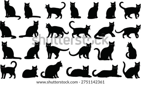 Cat silhouettes collection featuring sitting, standing, walking and lying domestic cats isolated on white background animal illustration set