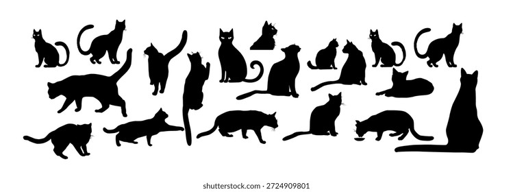 Siluetas de gato sobre fondo blanco. dibujado a mano. IA no, Ilustración vectorial.