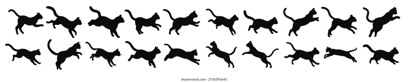 cat silhouettes set of black cats jumping and running 