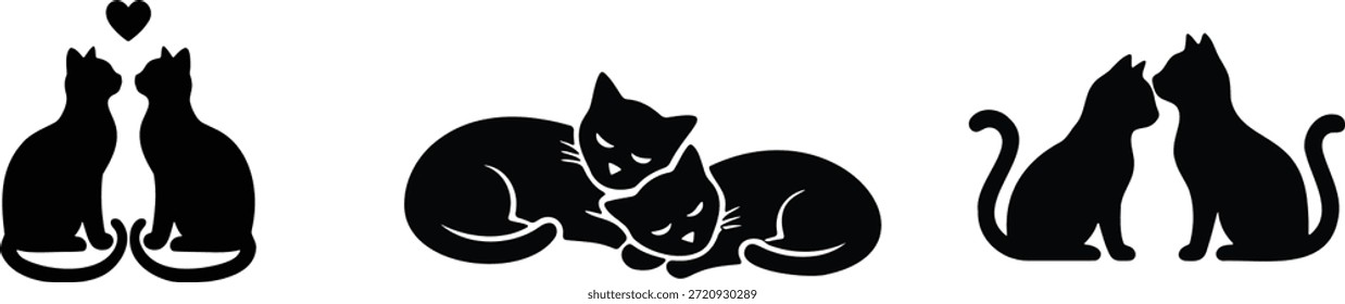 Conjunto de siluetas de gato, gatos sentados y durmientes, iconos vectoriales negros EPS