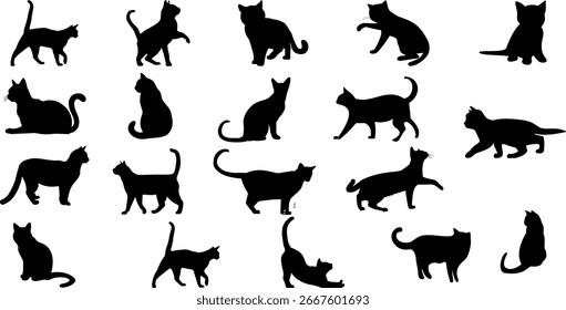 Cat Silhouettes in Various Poses | Collection of Black Feline Shapes for Graphic Design, Pet-Related Projects, and Halloween Decorations