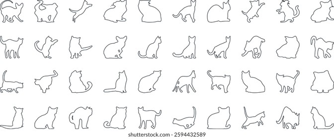 Cat Silhouettes Vector Illustration, perfect for Halloween, cat lovers. Features various cat poses, paw prints. Ideal for pet, animal, feline, domestic, house cat