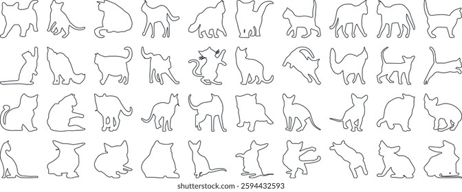 Cat Silhouettes Vector Illustration, perfect for Halloween, cat lovers. Features various cat poses, paw prints. Ideal for pet, animal, feline, domestic, house cat