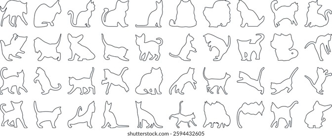 Cat Silhouettes Vector Illustration, perfect for Halloween, cat lovers. Features various cat poses, paw prints. Ideal for pet, animal, feline, domestic, house cat