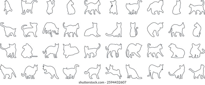 Cat Silhouettes Vector Illustration, perfect for Halloween, cat lovers. Features various cat poses, paw prints. Ideal for pet, animal, feline, domestic, house cat