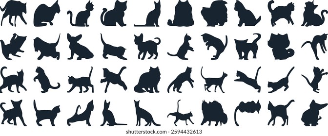 Cat Silhouettes Vector Illustration, perfect for Halloween, cat lovers. Features various cat poses, paw prints. Ideal for pet, animal, feline, domestic, house cat