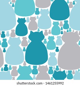 Cat silhouettes vector seamless pattern in teal, aqua, blue and gray.  Gender neutral.  