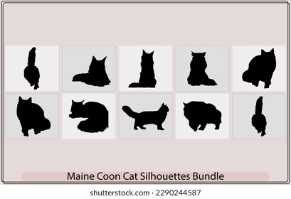 Cat silhouettes,Maine Coon cat icons and silhouettes,Sitting Maine Coon Cat Felis Catus On a Front View Silhouette,