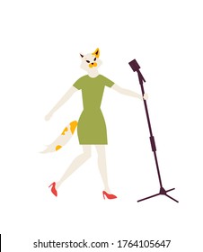 Cat singer background. Modern illustration slider site page. Cat the singer appears on stage the concept. Web banner performance of singers. Cat sings to the public vector image design.
