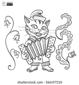 Cat singing with accordion in the traditional Russian style. it can be used for coloring books, greeting cards, T-shirts, etc. Outline vector illustration