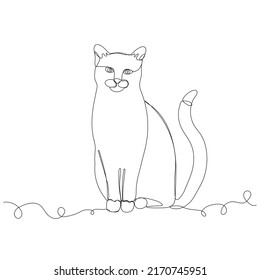 Cat. Single Line Drawing. Cat Sitting With Curl Tail. Vector Illustration