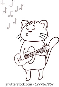 cat sings and plays the guitar nearby fly notes coloring book on transparent background