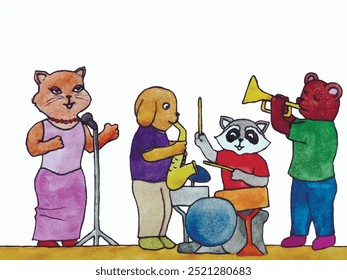 The cat sings, the puppy plays the saxophone, the raccoon plays the drums, the bear plays the trumpet