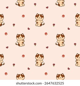 Cat sit cartoon so cute. On heart flower macarons background. Pattern seamless vector illustration. 