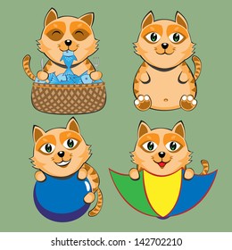 Cat Sit Eat Play Cute Cartoon Set