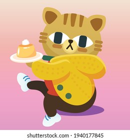 Cat Sit And Holding A Pudding