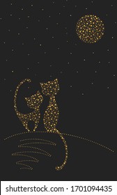 Cat   cat sit at night   admire the stars  A couple in love  A vector image drawn and dots for greeting card invitation  A date under the full moon  Golden silhouettes two cats 