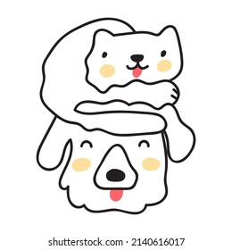Cat sit on dog's head. Funny illustration. Outline vector icon graphic design on white background.