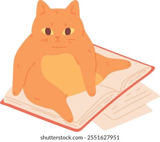 Cat sit on open book. Tired pet character isolated on white background