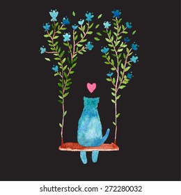 cat sit on a swing. Cat background. watercolor illustration. Flower backdrop. card with cat and flowers. Spring cat. flower swing. wedding card template. Cat in love. cat girl.