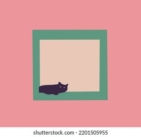 Cat sit and sleep on the windowsill. Minimalist color. Waiting for something. Vector flat illustration