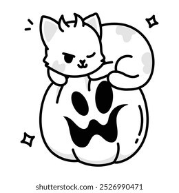 A cat siting on a halloween pumpkin, a doodle style icon 

