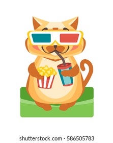 A cat sits in 3d glasses with popcorn and drinking beverage