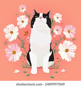 The cat sits among the flowers. Domestic cat. Vector illustration.