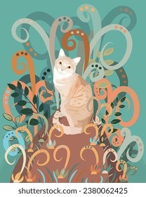 The cat sits among the plants. Vector illustration.