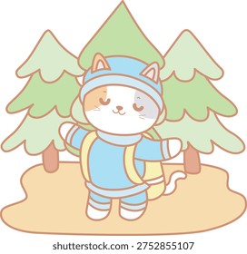 A cat sits between tall trees.