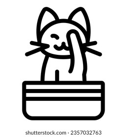 Cat sits in box cover eyes with paw line icon, funny animals concept, kitty close eye vector sign on white background, outline style icon for mobile concept and web design. Vector graphics